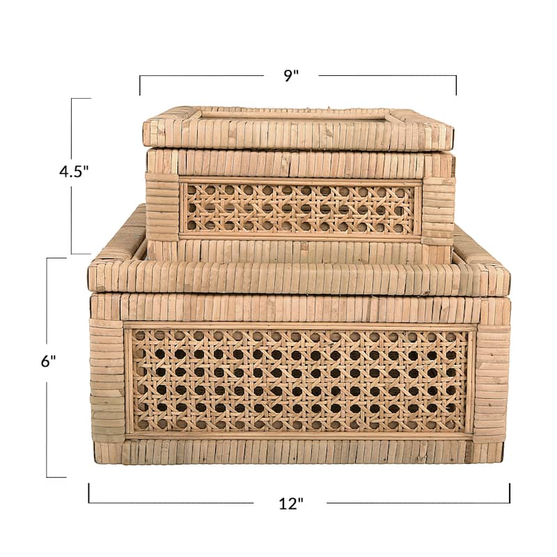 Woven Wood and Rattan Display Boxes with Glass Lids