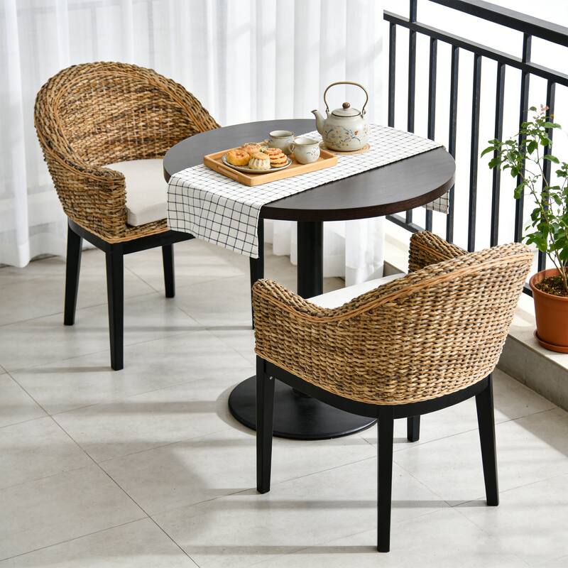 Boho Natural Rattan Backrest With Upholstered Armchair - Set of 2 - Natural Blackwash Black