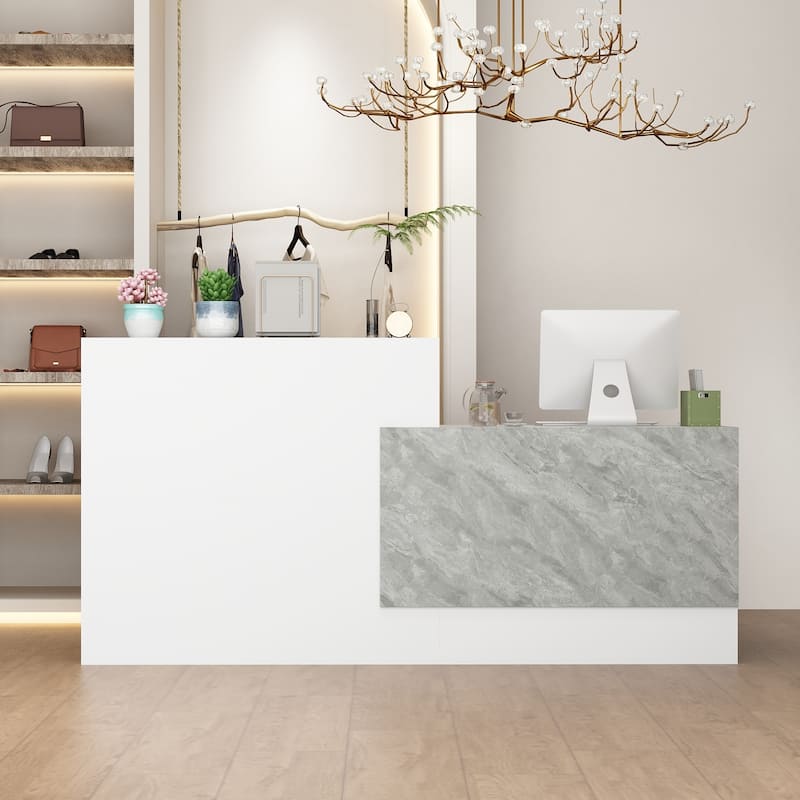 White and Marble Reception Desk with Spacious Work Surface and Shelving