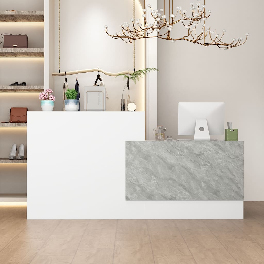 White and Marble Reception Desk with Spacious Work Surface and Shelving