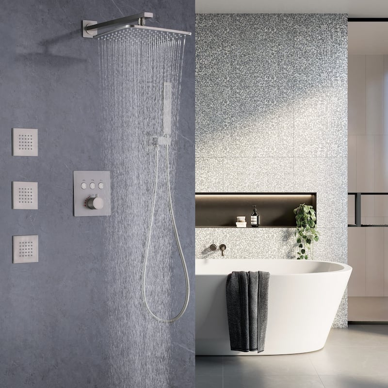 Thermostatic Shower System With Rough-in Valve Bathroom Shower Faucet With Hand Shower And Body Jet Rain 10 Inch Shower Head Set