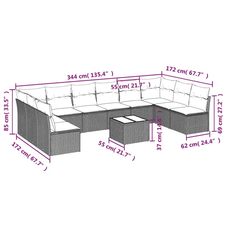 vidaXL Garden Sofa Set Grey PE rattan Large Adjustable Feet - 21.7 x 21.7 x 14.6