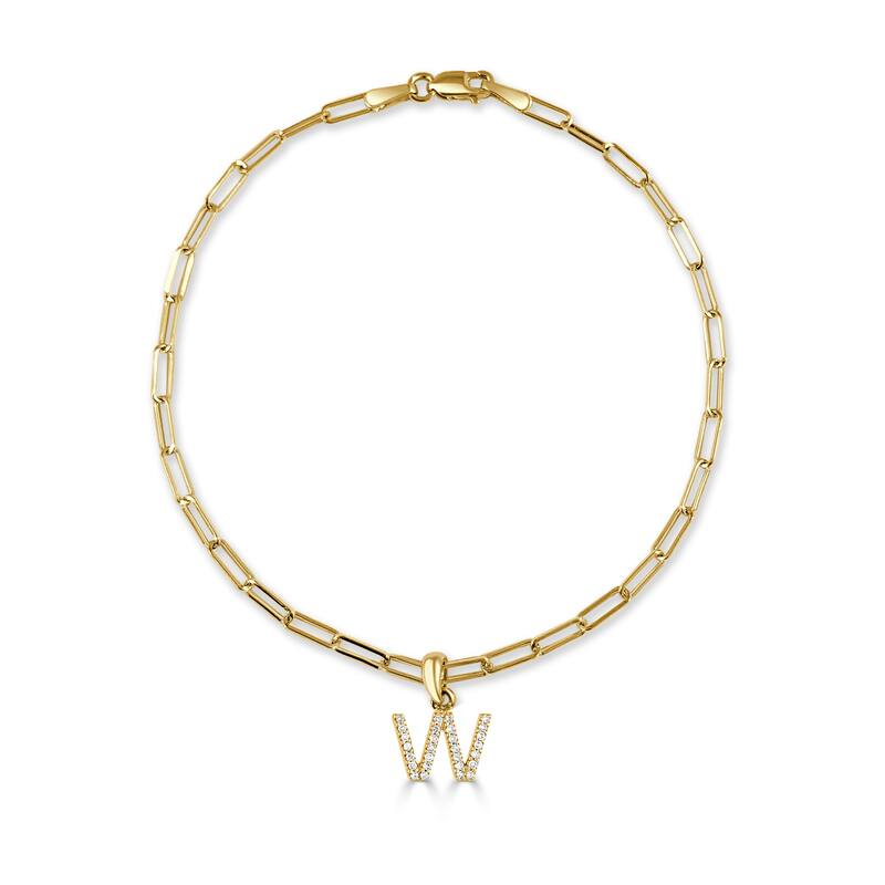 Joelle Collection Diamond Initial Letter A-Z Bracelet Paperclip 14K Gold 7" Chain 1/10 TDW Bracelet - W - Yellow