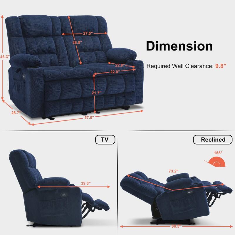 MCombo Power Loveseat Recliner, Electric Reclining Loveseat Sofa with Heat and Vibration, Cupholders, USB Charge Ports RS6314