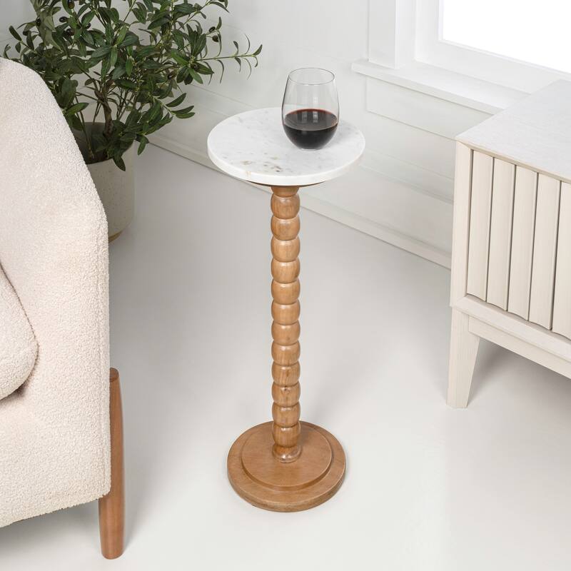 Monroe 24.25″ Farmhouse Spindle Wood Drink & End Table w/ White Marble Top, By JONATHAN Y
