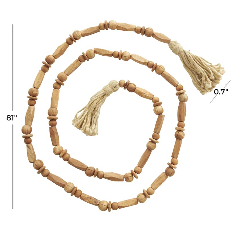 Mango Wood Handmade Rectangle Carved Geometric Long Beaded Garland with Tassel - Brown - Roche River Decor