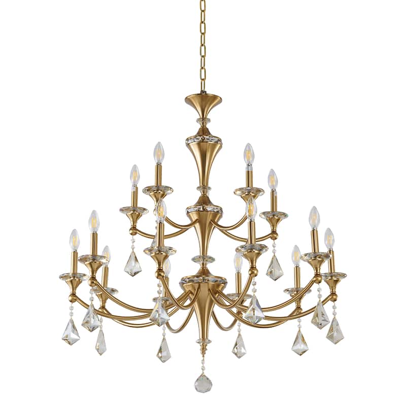 15-Light Satin Brass Chandelier With Clear And Champagne Crystals