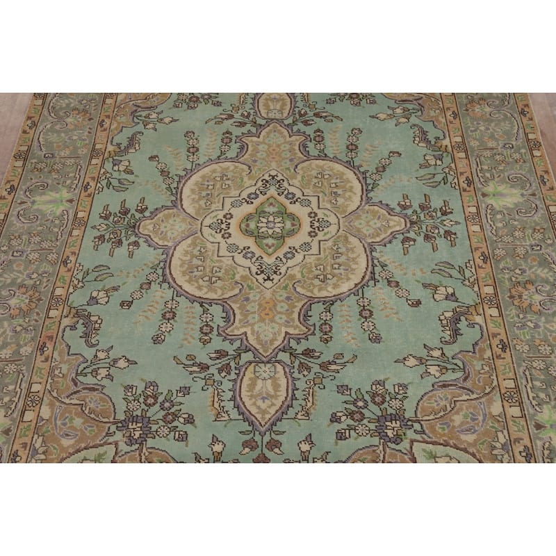 Aqua Green Medallion Tabriz Persian Area Rug Hand-Knotted Wool Carpet - 6'2"x 9'3"