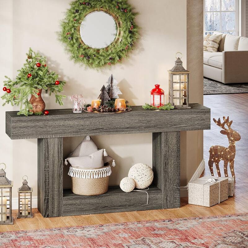 63 Inches Console Table, Farmhouse 2 Tiers Entryway Table, Sofa Table Behind Couch