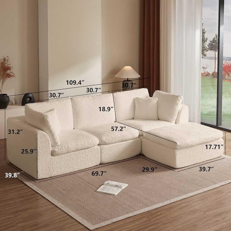 110" Cloud Sectional Couches for Living Room, Convertible L-Shape Couch with Ottoman, 3 Seater Modular Sectional Sofa