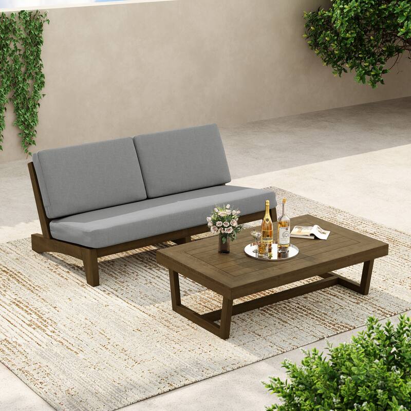 3-Seat Outdoor Sofa Set with Solid Wood Coffee Table, Weather-Resistant Cushions - Grey/Coffee Table - Brown Wood