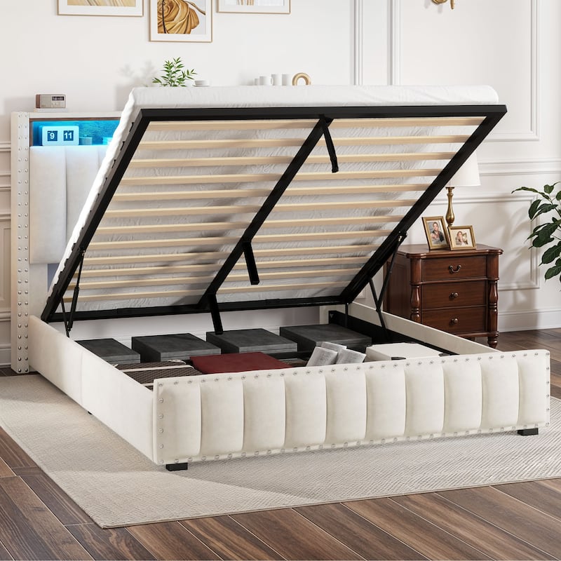 Lift Up Storage Nailhead Bed Frame with Charging Station, Velvet Upholstered Platform Bed with RGB LED Lights