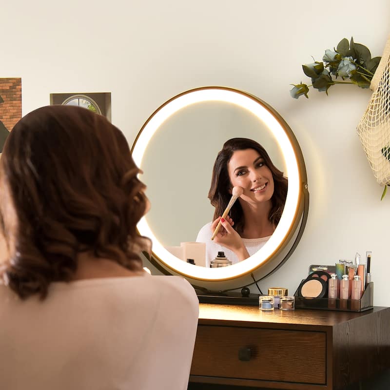 Costway Vanity Table Stool Set Dimmer LED Mirror Large Storage Cabinet - See details