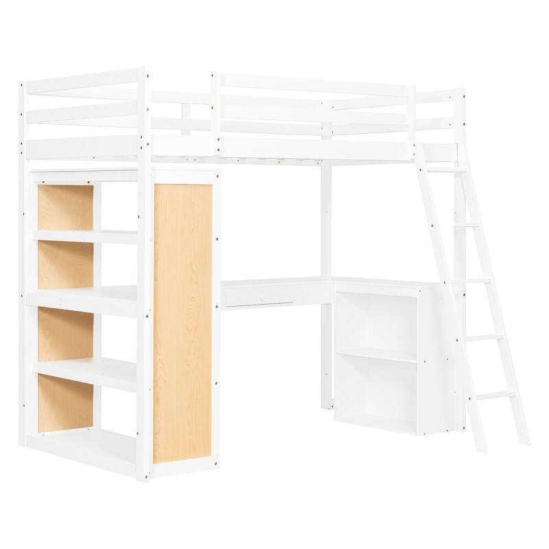 Twin Size Wood Loft Bed with Ladder, Shelves, and Desk