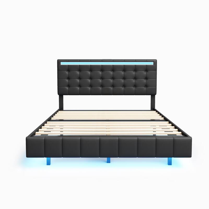 Queen Size Floating Bed Frame with LED Lights and USB Charging,Modern