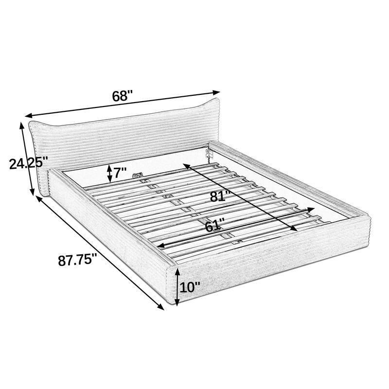 Queen Size Upholstered Bed Frame Velvet Fabric Grounded Platform with Curved Headboard Solid Wood No Box Spring