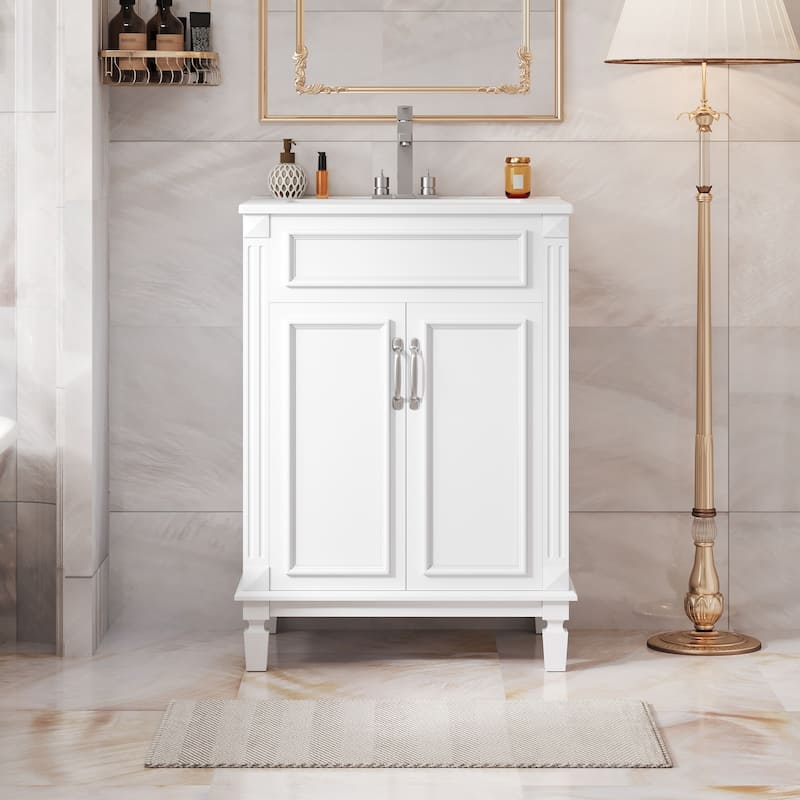 Bathroom Vanity with Sink, Solid Wood Bathroom Storage Cabinet, Bathroom Cabinet with 2 Soft-Closing Doors & Adjustable Shelf