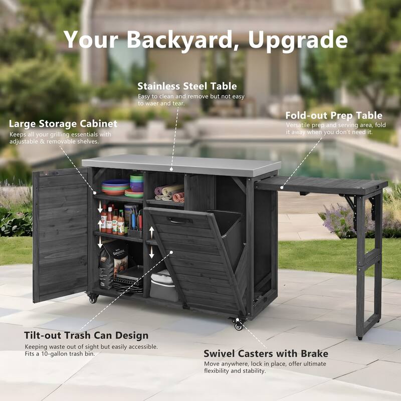 Roomfitters 78.3" Outdoor Kitchen Island with Foldable Grill Table, Stainless Steel Top & Tilt Trash Can Storage