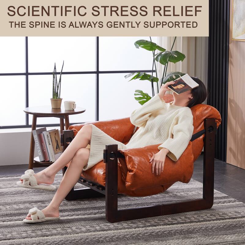 Lounge Chair Oil Wax Leather Sofa Chair with Removable Armrests, Rubber Wood Decorative Chair for Living Room