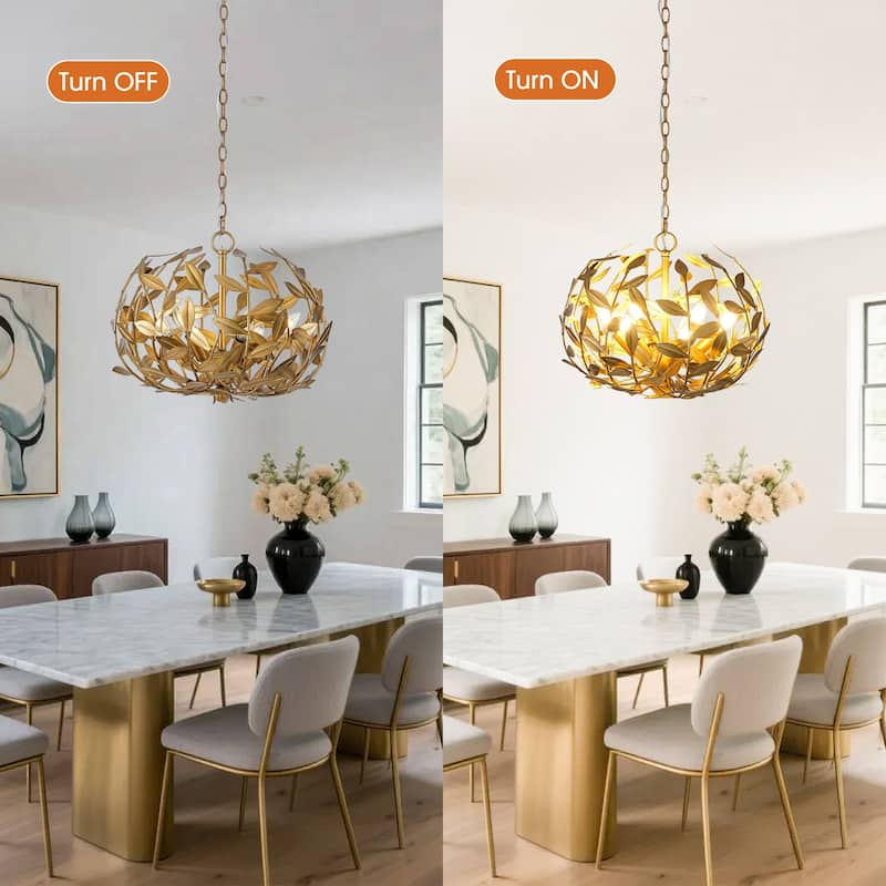 Antique Gold Olive Leaf Spherical Hollow Shade 6-Light Chandelier - 19.7"Wx15.4"H