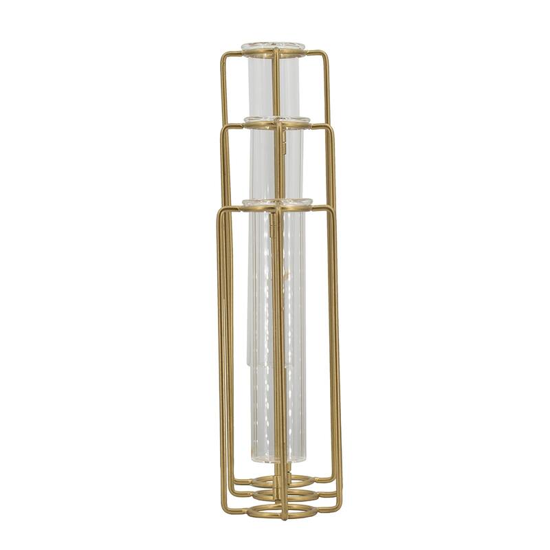 Rossetta Oversized Minimalist Lines Industrial Intrigue 3-Bottle Pedestal Beaker Vase with Metal Frame