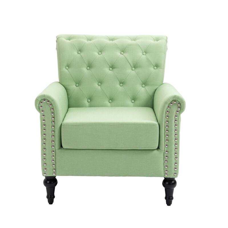 Linen Armchair w/Tufted Back/Wood Legs