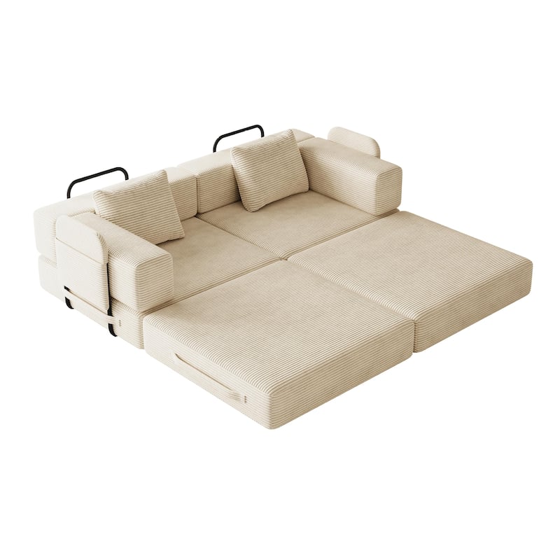 Folding Loveseat Sofa Convertible Sleeper Sofa Bed, Floor Standing Couch Bed Corduroy Floor Mats with Side Pockets and Pillows