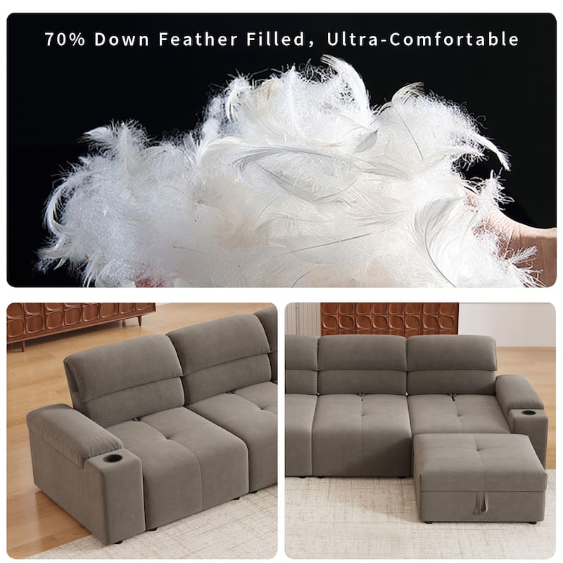 Down Filling Modular Deep Seat Couch L-shaped Sectional Sofa with Adjustable Backrest, Cup Holders, Storage Armrests and Ottoman