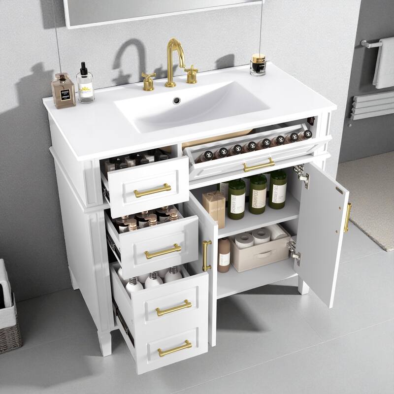 36" Freestanding Bathroom Vanity with Sink, Solid Pinewood & MDF Cabinet, 4 Drawers, 2 Doors, Gold Metal Handles