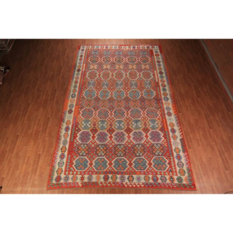 Geometric Kilim Large Rug Hand-Woven Wool Carpet - 10'4" x 16'1"