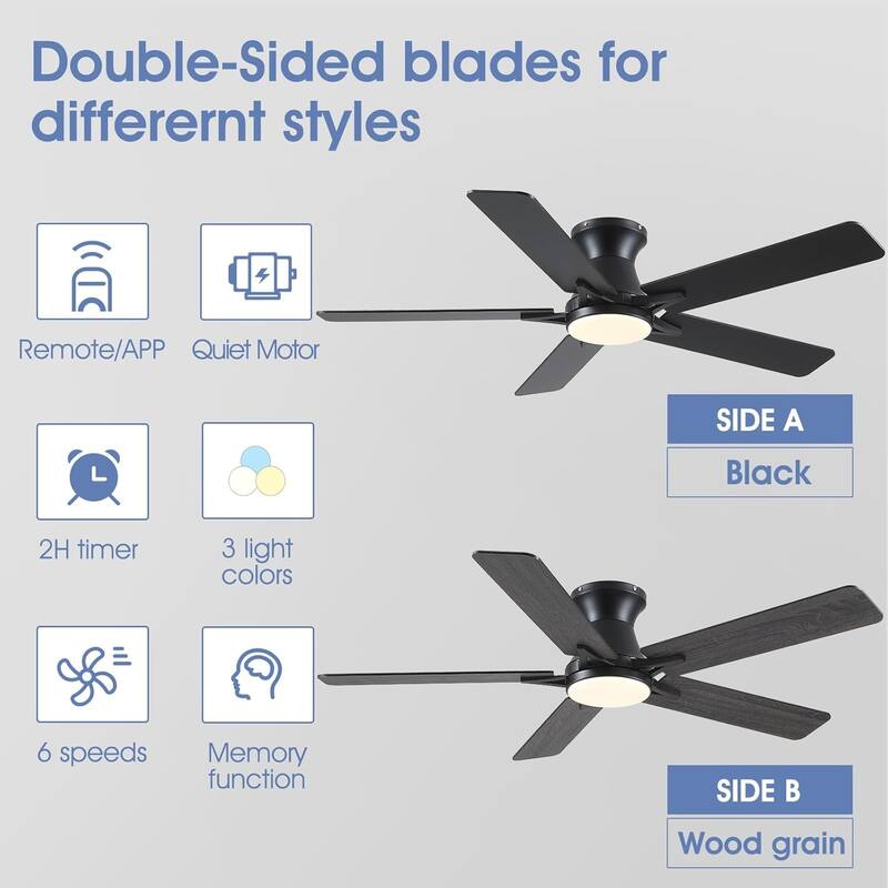 46"/52" Inches Flush Mount Modern Quiet Ceiling Fan with Light and Remote,5 Blades,for Living room,Bedroom