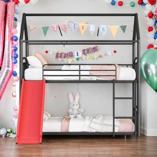 slide 2 of 12, Twin Over Twin Metal Bunk Bed With Slide,Kids House Bed