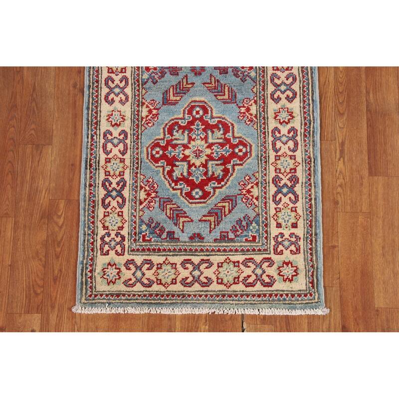 Light Blue Kazak Oriental Runner Rug Hallway Hand-Knotted Wool Carpet - 2'1" x 5'9"