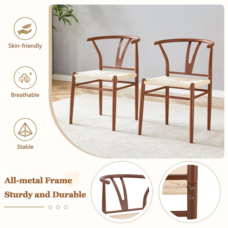 Y-shaped Medieval Style Armchair for Dining Table, Woven Seat (Set of 4)