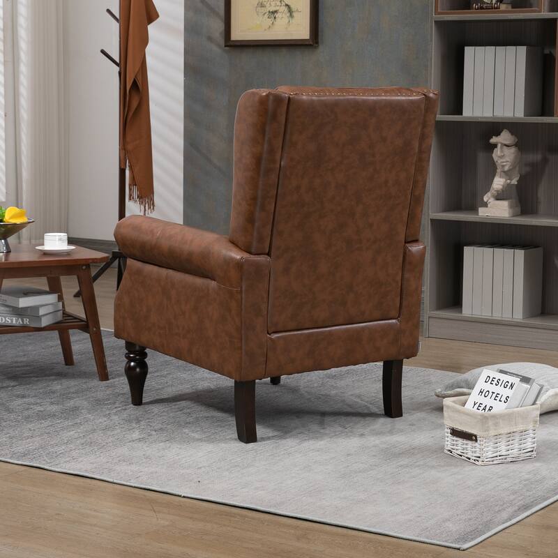 Brown PU Modern 29.33" High Back Upholstered Arm Chair with Sturdy Wood Legs and Nailheads for Living Room