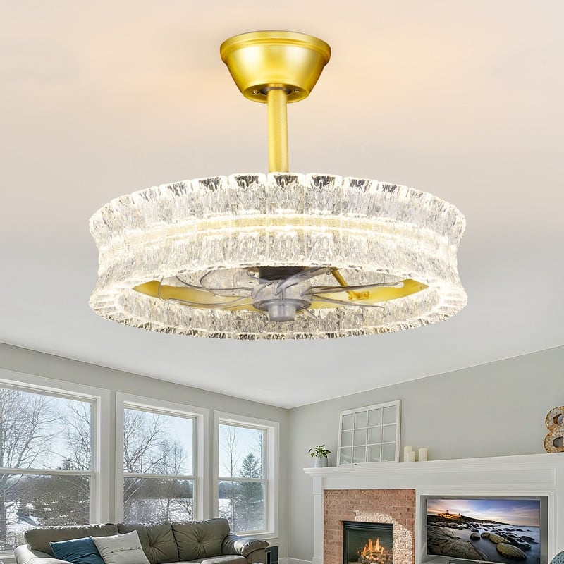Modern Invisible Ceiling Fan with Lights, Crackle Crystal Chandelier Fan, Gold Dimmable LED Fandelier with Remote