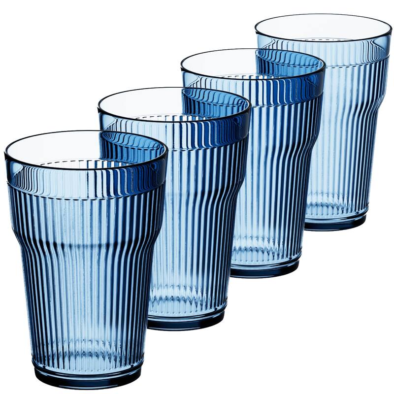 Elle Decor Acrylic Ribbed Water Tumblers Set of 4 - 14 oz. - Clear Blue