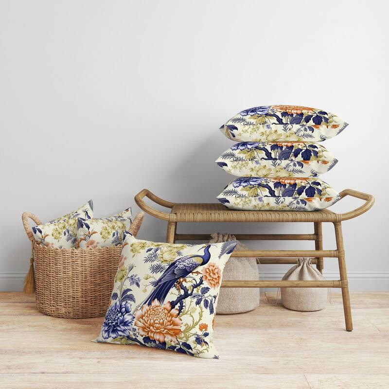 Peacock Panache Faux Suede Reversible Throw Pillow Blue and Orange