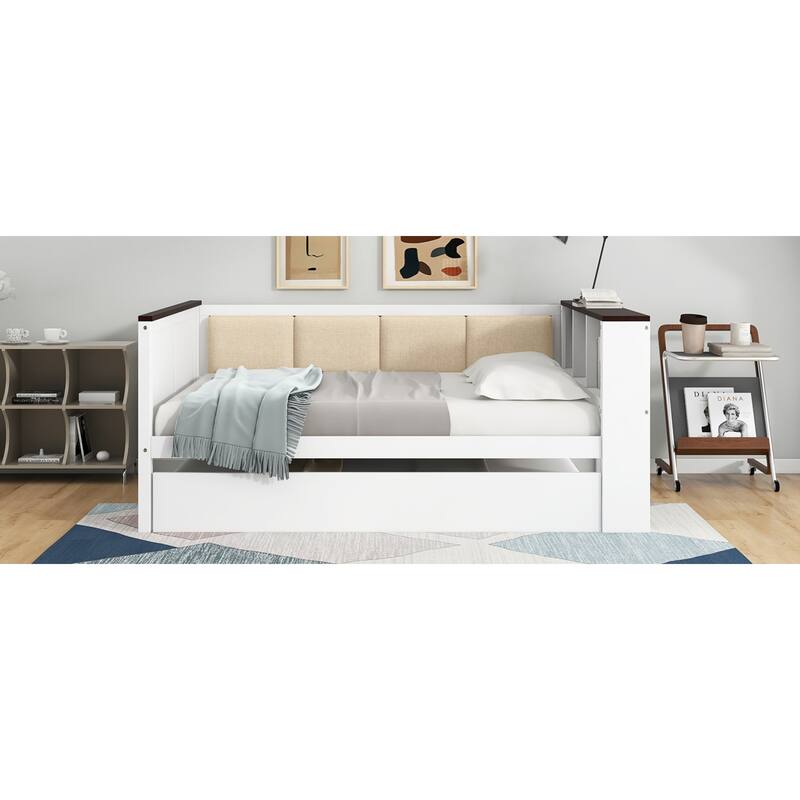 Roomfitters Twin/Full Wood Daybed with Storage Shelves, USB Ports and Trundle, White