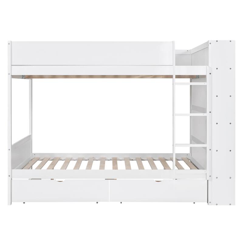 White Wood Bunk Bed With 2 Drawers and Multi-layer Cabinet, Full-length Guardrail