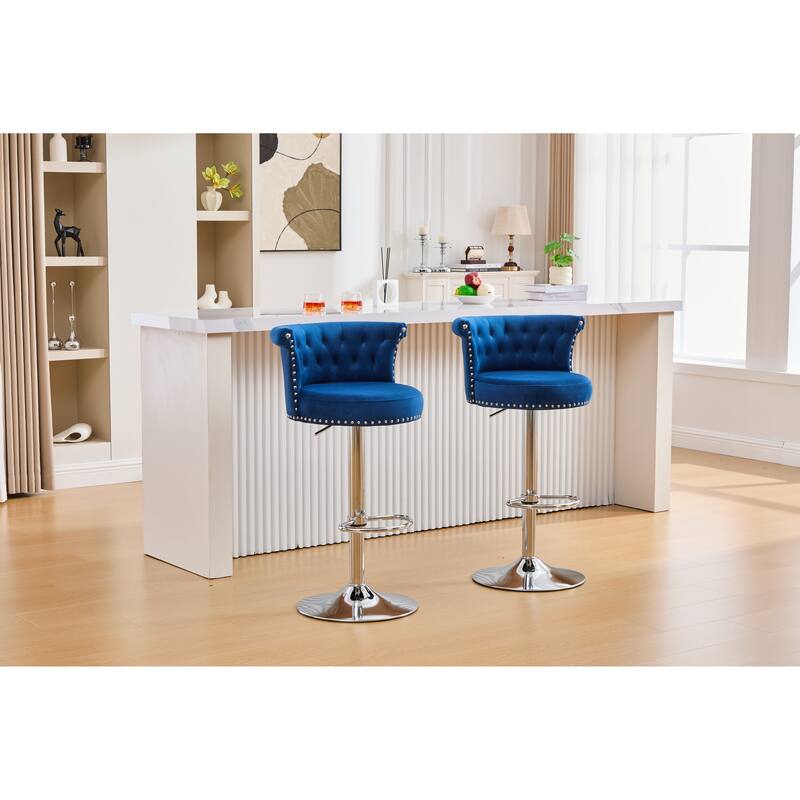 Velvet Upholstered Bar Stool Set of 2, Adjusatble Height Swivel Bar Stools, Dining Chairs with Curved Backrest & Footrest