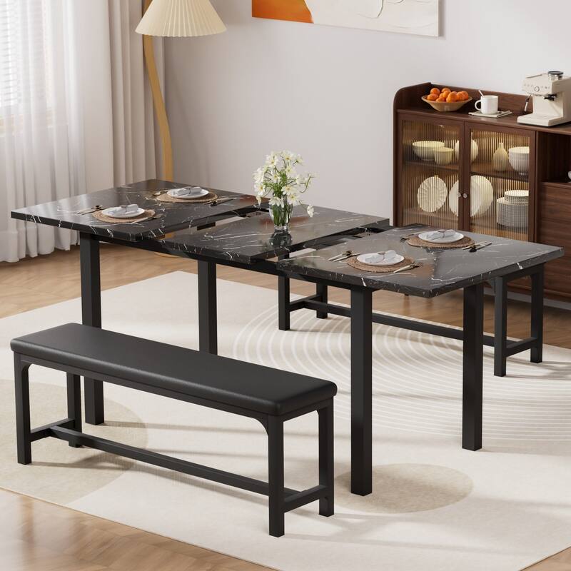 VECELO 3-Piece Extendable 63" Dining Table Set with 2 PU Leather Benches for 4-8 Dining Room Detachable 6-Pocket Storage Bag