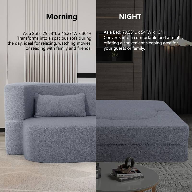 2-in-1 Convertible Sofa Bed, Folding Loveseat Couch with Soft Teddy Fabric, Floor Sleeper Sofa Mattress with 2 Pillows