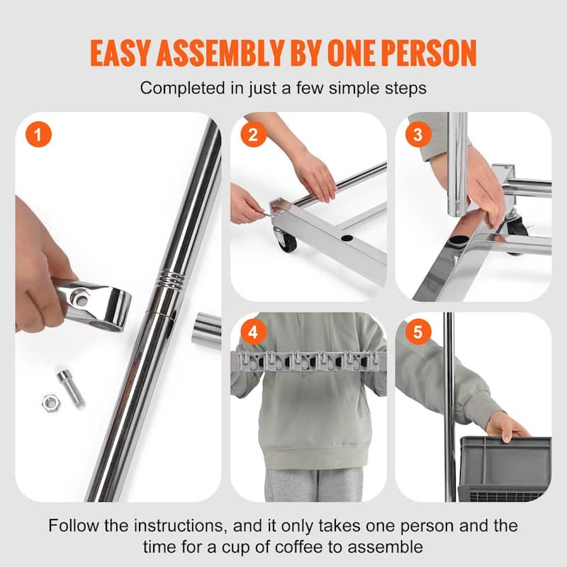 Silver Stainless Steel 10 Slots Garden Tool Organizer Rack with 4 Fixed Hooks and 4 Swivel Wheels - 48.9 x 20 x 26 in