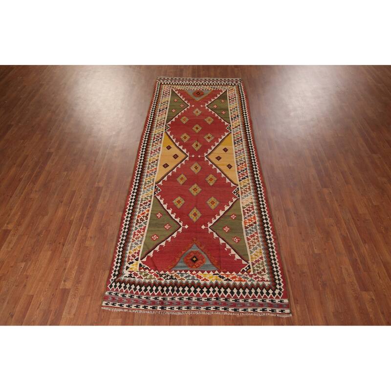 Vegetable Dye Orange Kilim Qashqai Persian Antique Wool Carpet - 4'4"x 10'10"