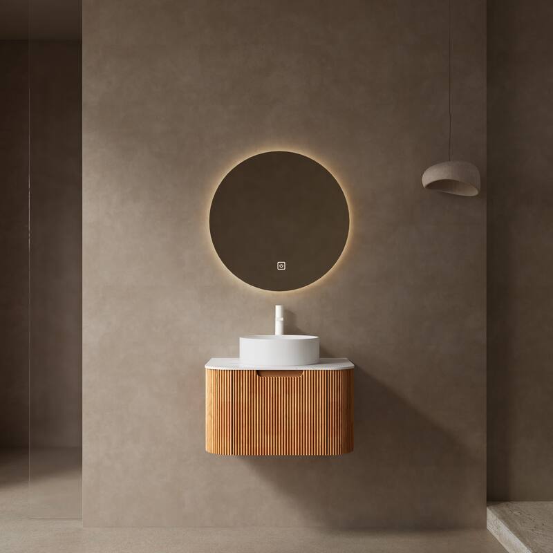 24" Bathroom Vanity with Sink, Wall-Mounted Floating Curved Edges Striped Bathroom Storage Cabinet with a Drawer - Natural Wood,White