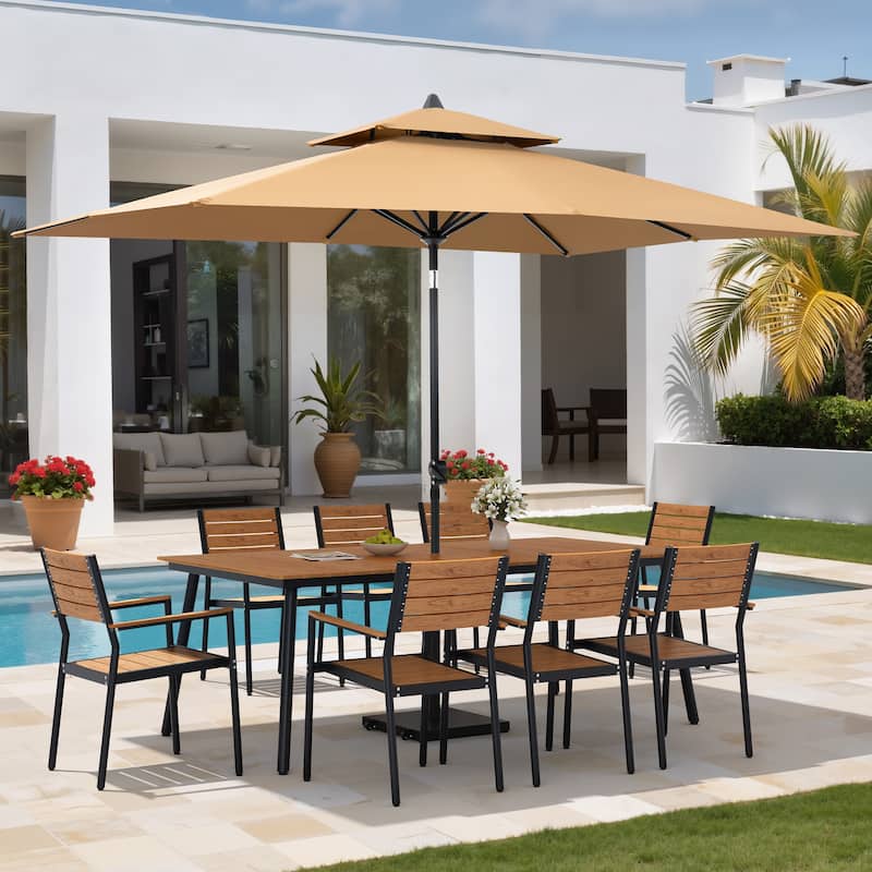 11PC Outdoor Patio Dining Set Wood-Like Aluminum Table with Stackable Armchairs,Double Top Market Umbrella and Wheel Base - BrownTable&BrwonChairs&TanUmbrella