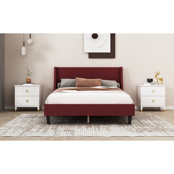 Red Full Upholstered Bed with Linen Fabric Headboard