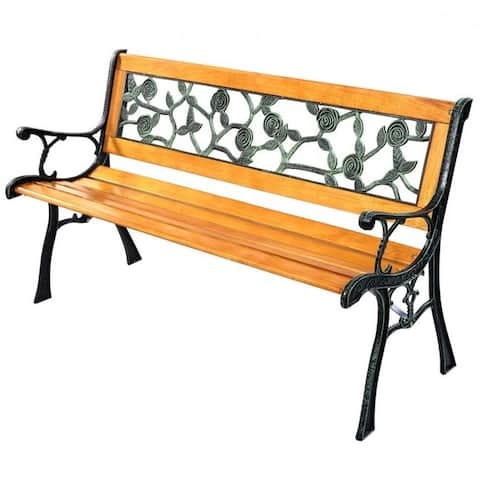 Flowers Outdoor Patio Park Cast Iron Garden Porch Chair Bench - 49.5 inches x 20.5 inches x 29 inches
