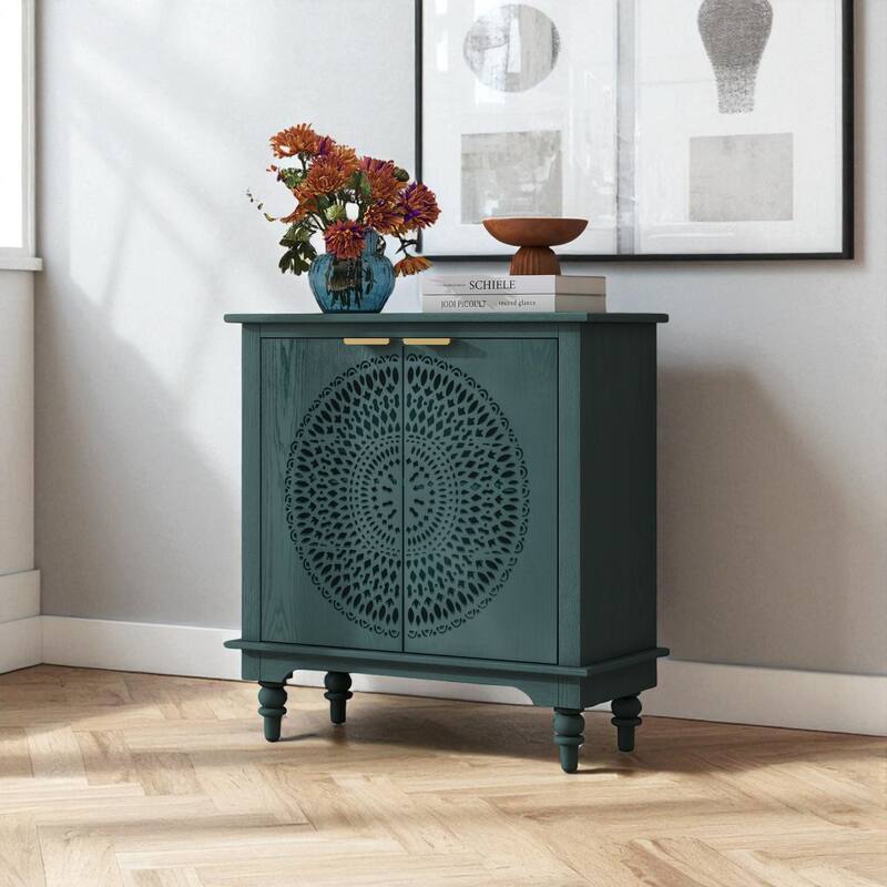 Carved Wood 2-Door Sideboard Buffet Accent Storage Cabinet with Veneer Finish and Gold Handles.